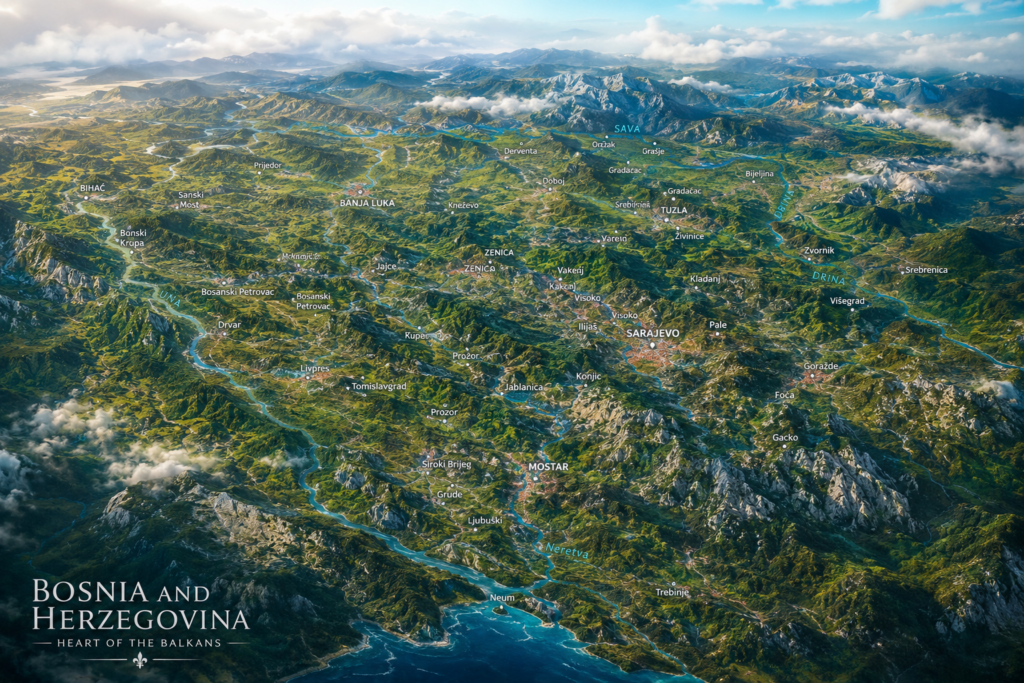 Map of Bosnia and Herzegovina in the Balkans